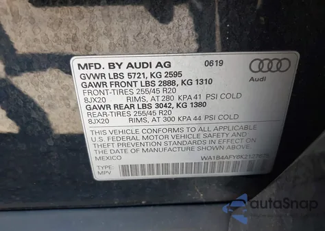 2019 Audi Sq5 3.0T Premium z USA, uszkodzony, nr VIN WA1B4AFY6K2127675